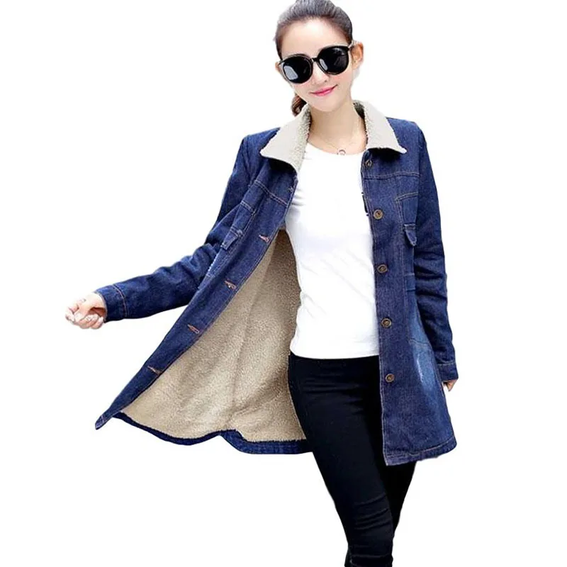 

Idopy Womens Winter Fashion Vintage Fleece Lined Long Denim Jacket Warm Windbreaker Blue Jean Jacket Coat Trench For Laides