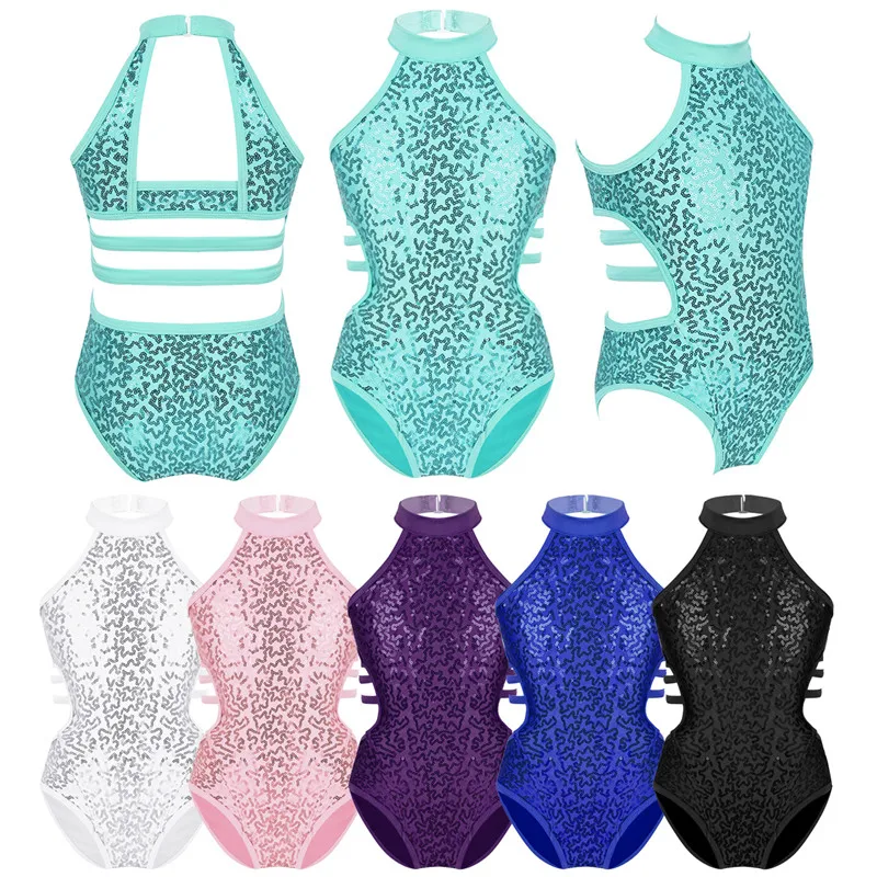 Kids Girls Gymnastics Leotards Child Sparkly Sequins Dancewear Sleeveless Cutouts Back Strappy On Waist Ballet Dance Jumpsuit