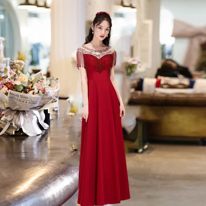 Bling Sequins Bridal Wedding Dresses Gown Temperament Floor Length Cheongsam Sexy Burgundy Woemn Tassel Vestidos