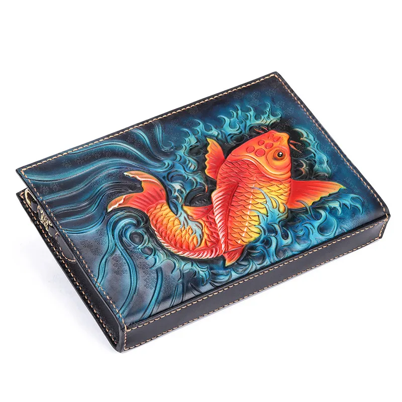 Handmade Men Vegetable Tanned Leather Carving Carp Bag Money Holder Clutch Purse Cigarette Pocket Man Clutches