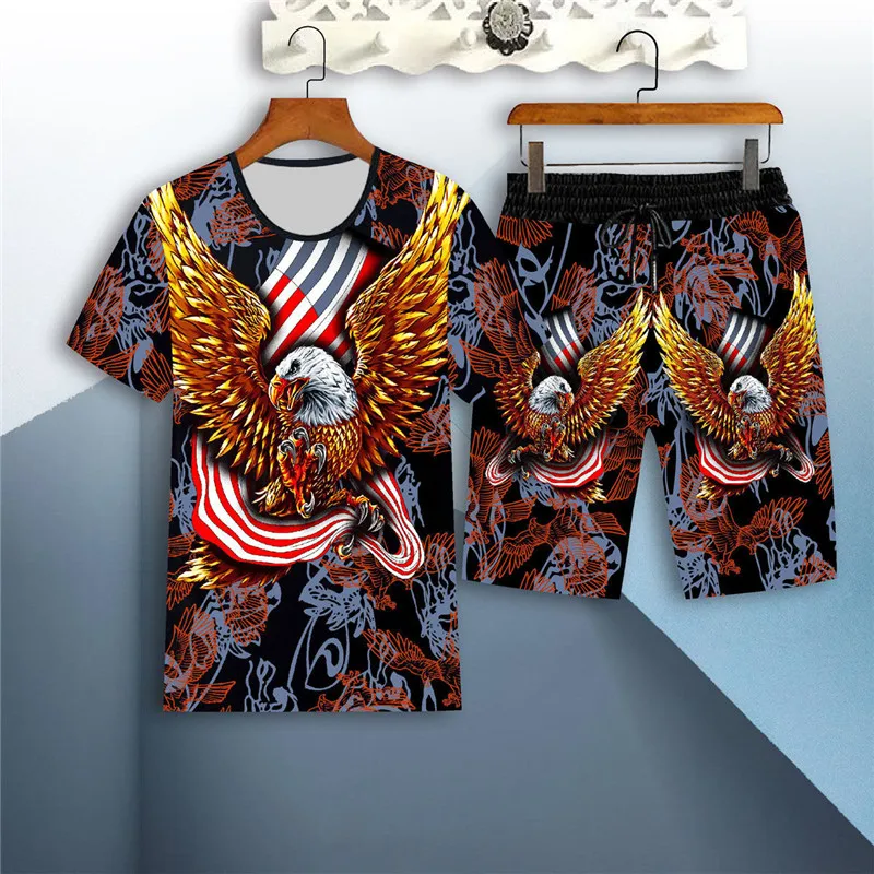 

2021 men's short-sleeved suit summer 3D eagle print casual sportswear fashion loose short-sleeved T-shirt + shorts 2-piece set