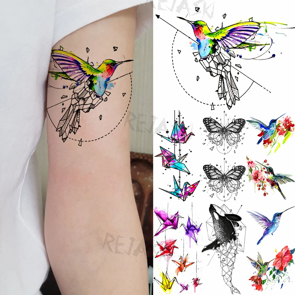 Watercolor Geometric Bird Temporary Tattoos For Women Adult Paper Crane Hummingbird Fake Animal Tattoo Body Art Washable Tatoos