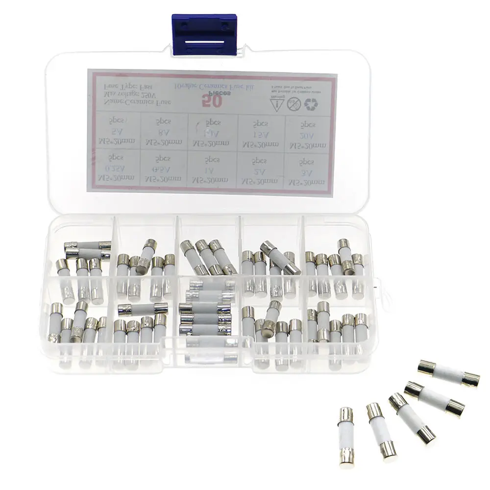 50pcs/box 10 Kinds Fast Ceramic Fuses Kit 250V 5mm x 20mm 0.25A 0.5A 1A 2A 3A 5A 8A 10A 15A 20 AMP Fuse Tube Assortment