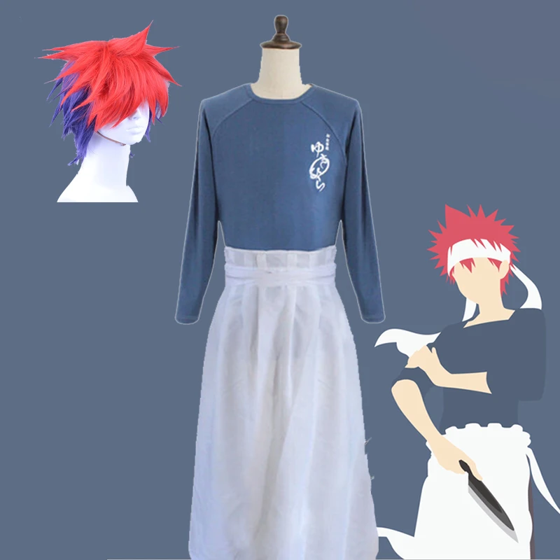 Food Wars Shokugeki no Soma Yukihira Souma Cosplay Costume Uniform Suit Tops Shirt + Apron + Scarf + Wig Set Bear Apron Red Wig