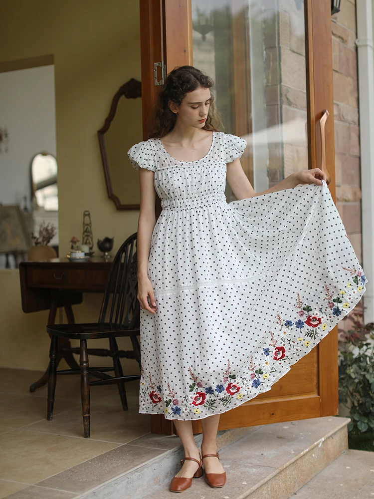 

LYNETTE'S CHINOISERIE Summer New Arrivals Women Vintage Mori Girls Romantic French Flower Embroidery Slim Polka Dots Dresses