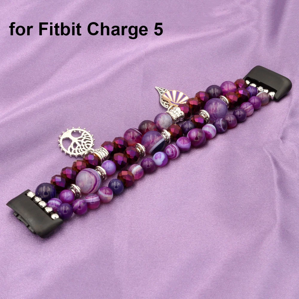 Purple Dressy Wristband for Fitbit Charge 5 Band Jewelry Bracelet for Women Handmade Watchband Accessories Beaded DIY Luxury