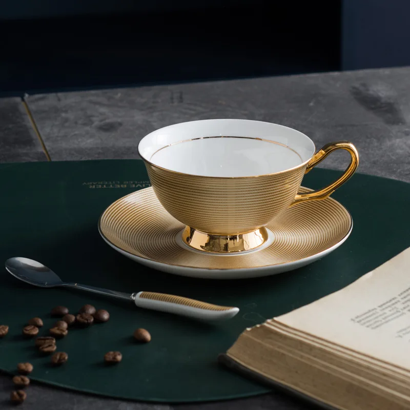 LingAo-Light Luxury Gold-Plated Bone China Coffee Cup and Saucer Set, Ceramic, High-End Gift