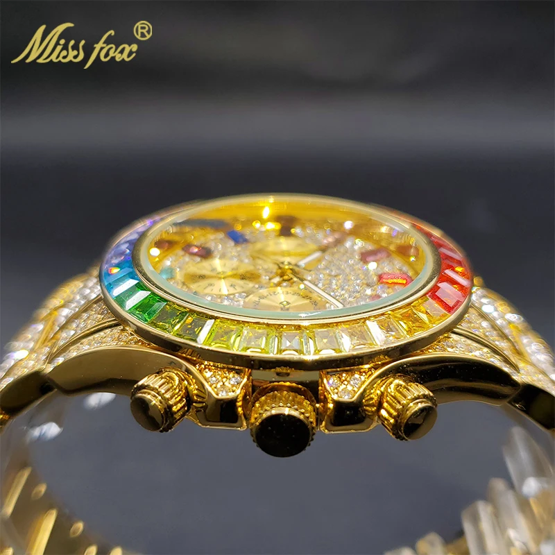 Gold Men Watch With Rainbow Diamond Bezel MISSFOX Chronograph Three Dial Waterproof Watches For Male Sport Stylish Timepieces