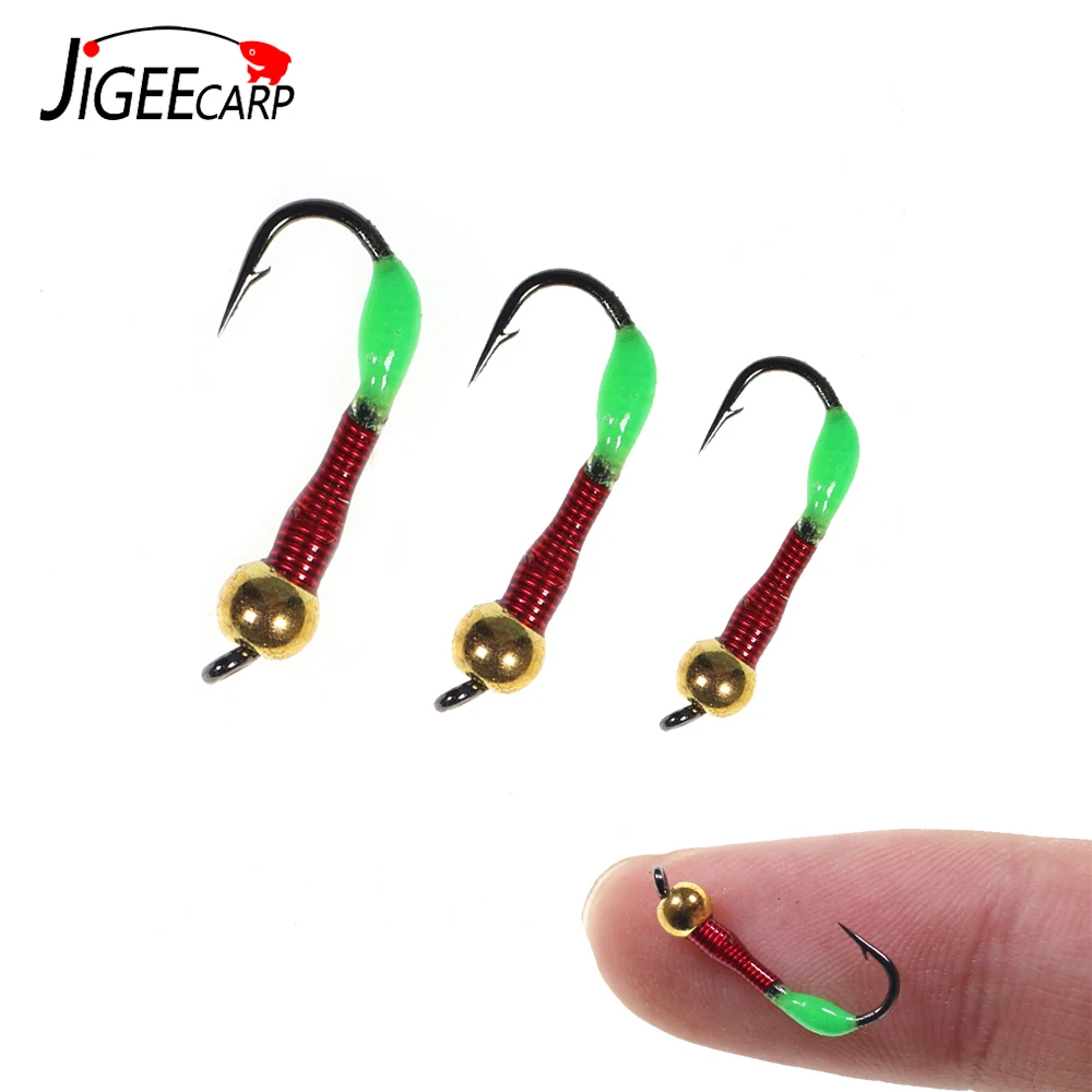 Jigeecarp 6pcs Brass Bead Buzzer Hand Made Red Wire Worm Lures For Whitefish Walleye Fast Sinking Ice Fishing Nymph Trout Baits