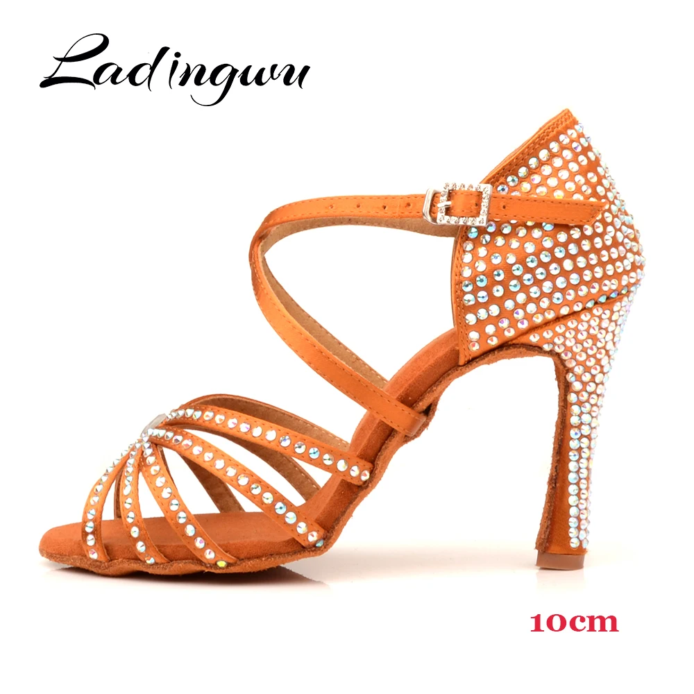 Ladingwu Rhinestone Latin Dance Shoes Women Salsa Ballroom Shoes Cuba High Heel 10cm Waltz Software Shoes Bronze Skin Black