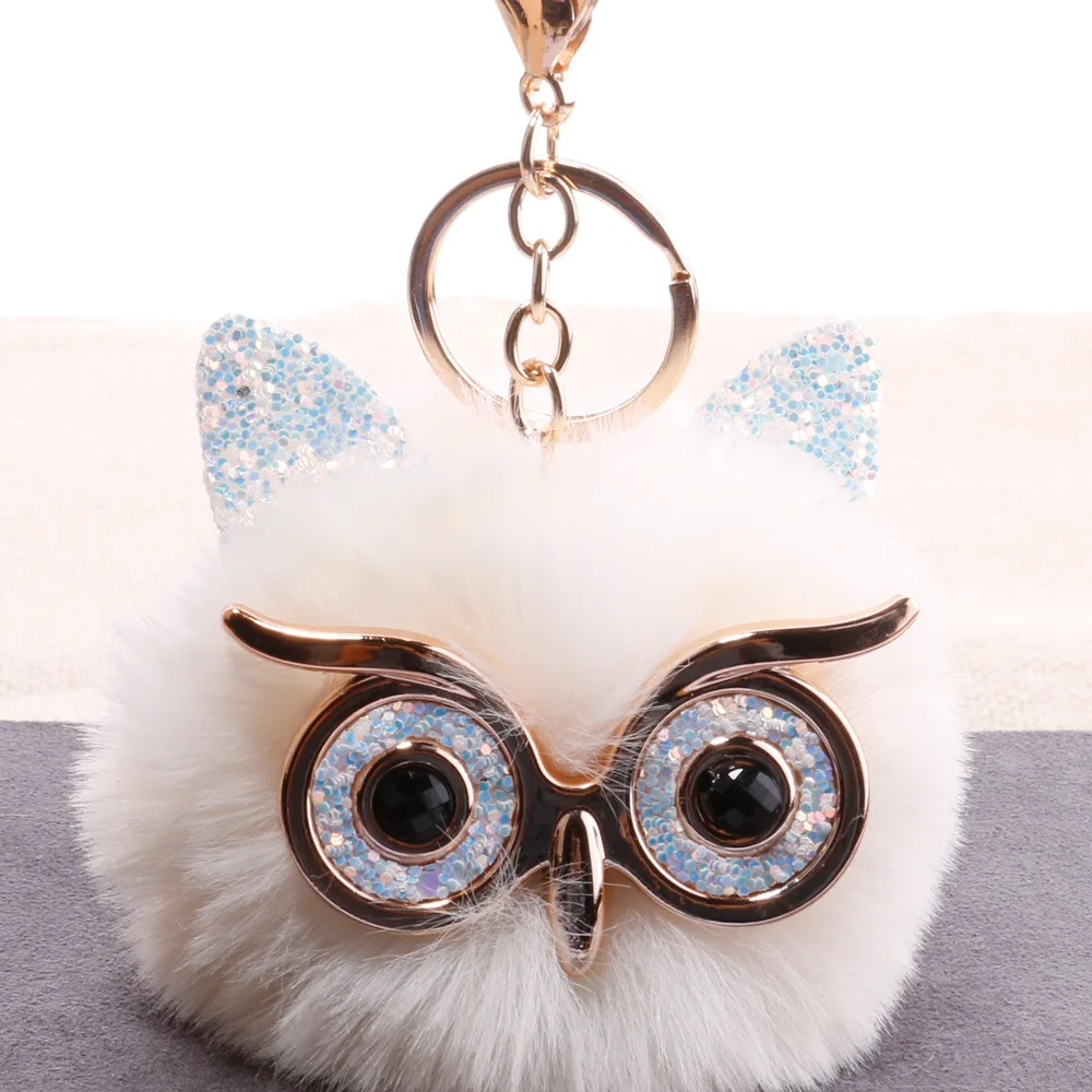 Big Eyed Owl Pompom Keychain Fluffy Fake Rabbit Fur Ball Owl Women Bag Pendant Jewelry Accessories Plush Keychain Kawaii Toy