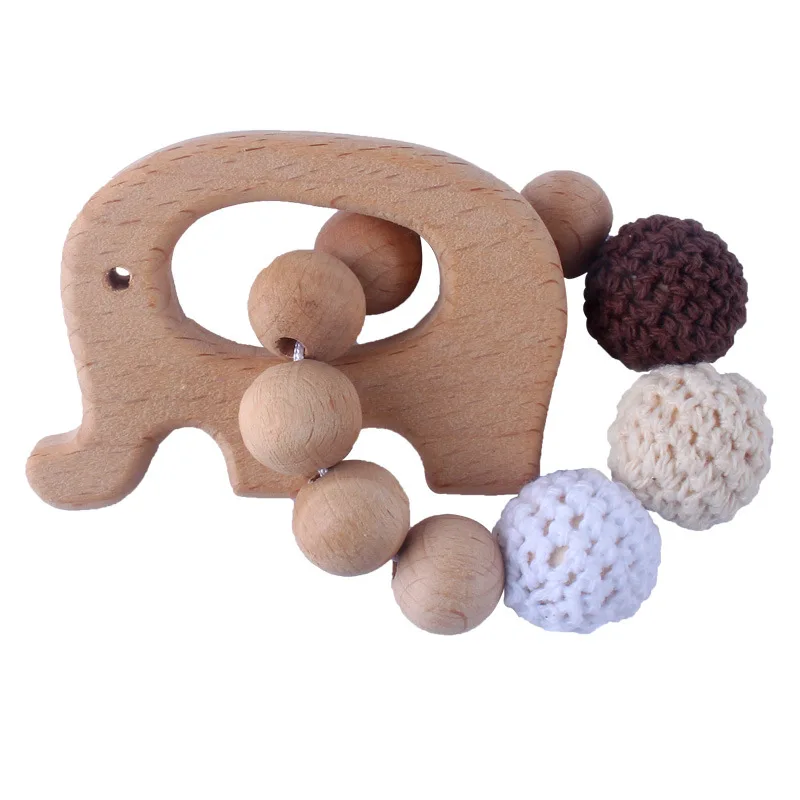 New 1PC Wooden Teether Rabbit Elephant Crochet Beads Wood Crafts Ring Engraved Bead Baby Teether Wooden Toys For Baby Rattle