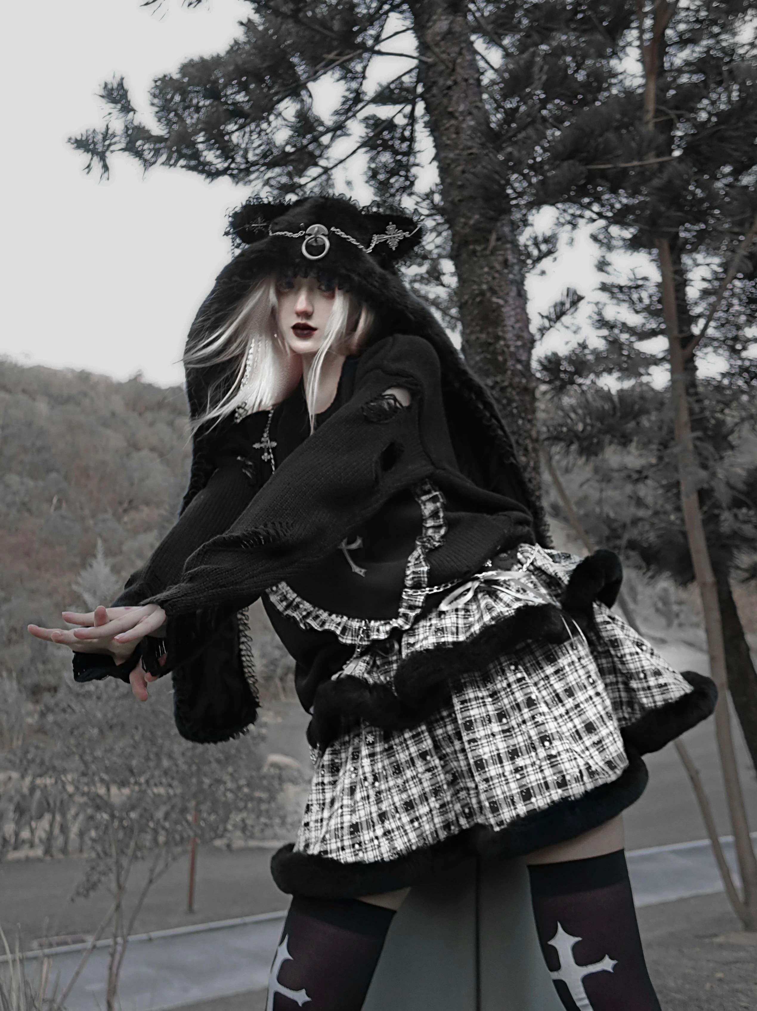 SALE!!!Blood Supply Original Japan Gothic Dark Women\'s Cake Skirt Winter Black White plaid Empire Lace-up Waist ball Gown Skirt