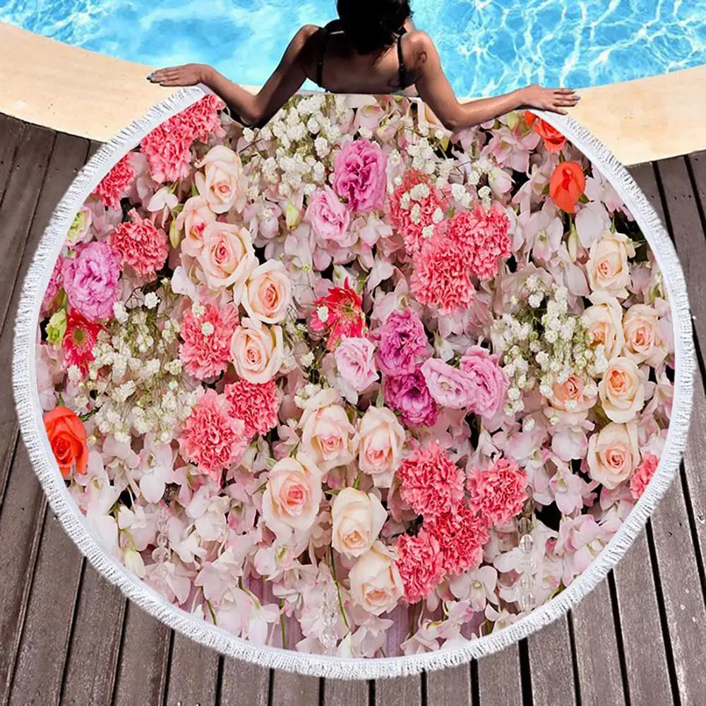 Flower Rose Bush Pink Beach Bath Towel Round Sea Blanket Seaside Yoga Carpet Picnic Mat Absorbent Manteau Cover Cloak