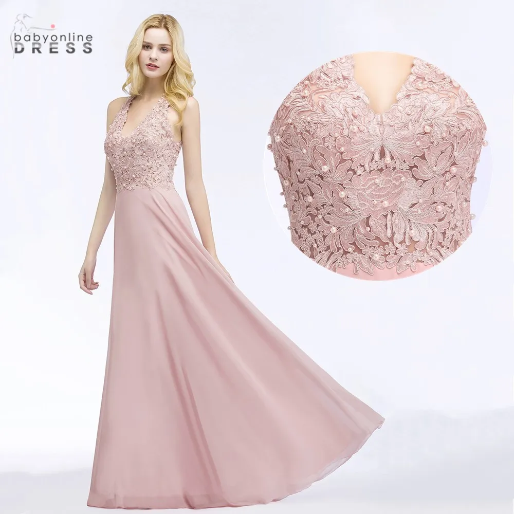 

2023 End Of Season Deal V Neck Dusty Rose Lace Chiffon Long Evening Dress Elegant Party Prom Gowns With Pearls Abendkleid