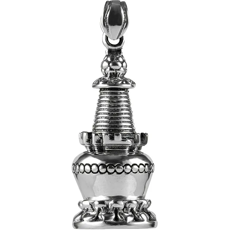 Tibetan Buddhist Supplies S925 Sterling Silver Gawu Box Pendant Stupa Bodhi Pagoda Necklace Can be Opened to Hide