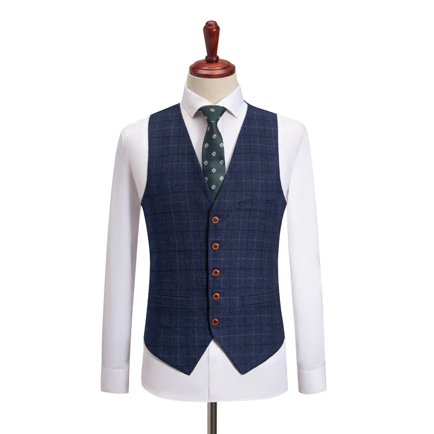 Navy blue Man vest V collar Waistcoat Plaid Suit Waistcoat For Wedding Groomsmen Man Top