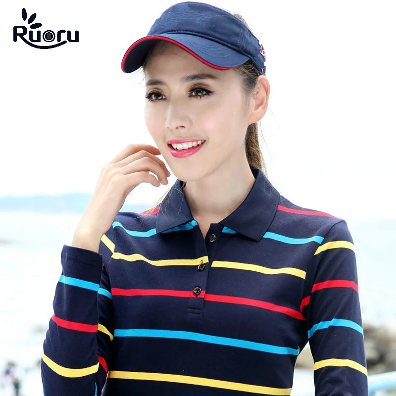 Ruoru Autumn Winter Striped Polo Shirt Tops Tees Women Turn-down Collar Long Sleeve Cotton Tops Casual Top Clothing