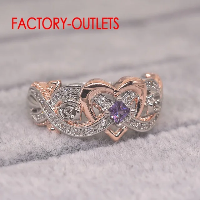 Authentic 925 Silver Color Heart Rose Pattern Finger Rings For Women With Purple Crystal Wedding Statement Anniversary Gifts