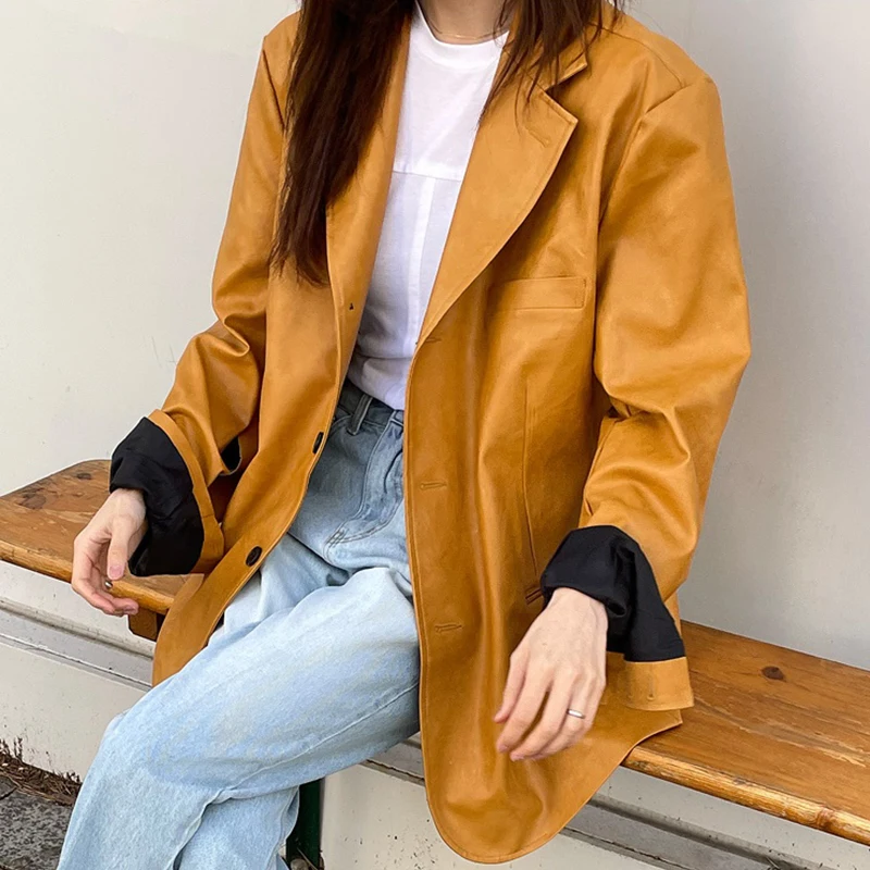 Women Short Pu Leather Coat Loose Style Yellow Color Vintage Full Women's Jacket Oversized Fashion Coat