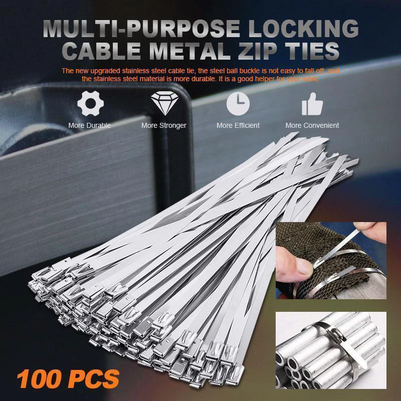 Multi-Purpose Metal Zip Ties Set, Metal Zip Ties, Twist Ties, 4.6x20 0/250/300/350/400/500/550mm, 100Pcs