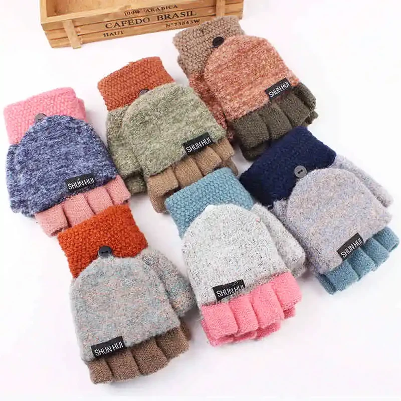 Men's Women Winter Warm Thicke Wool Gloves Knitted Flip Fingerless Exposed Finger Thick Gloves Without Fingers Mittens Glove