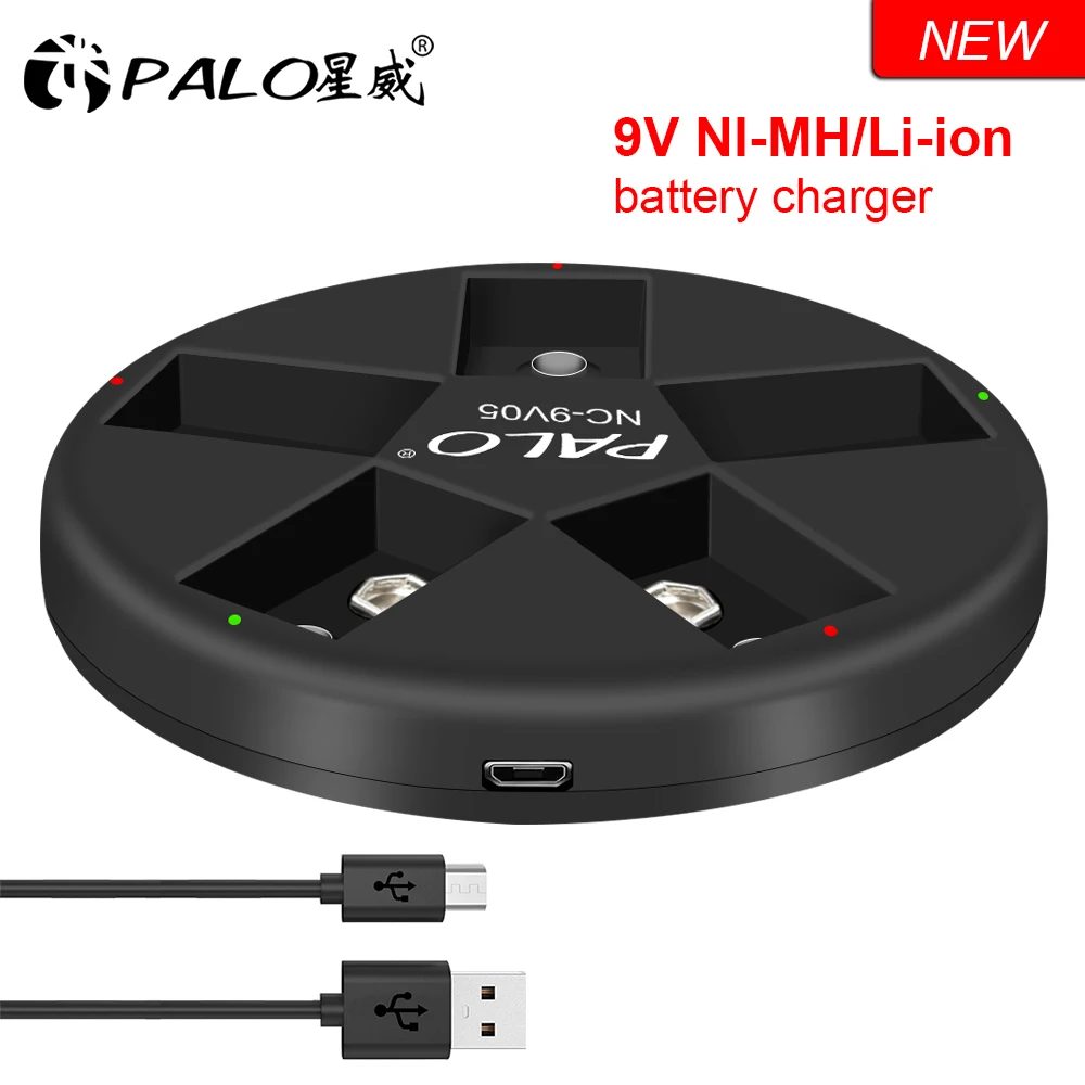 PALO 5 Slots 9V 6F22 Charger Smart Charger USB 9 Volt Battery Charger for 9V Ni-MH Lithium-ion Rechargeable Batteries