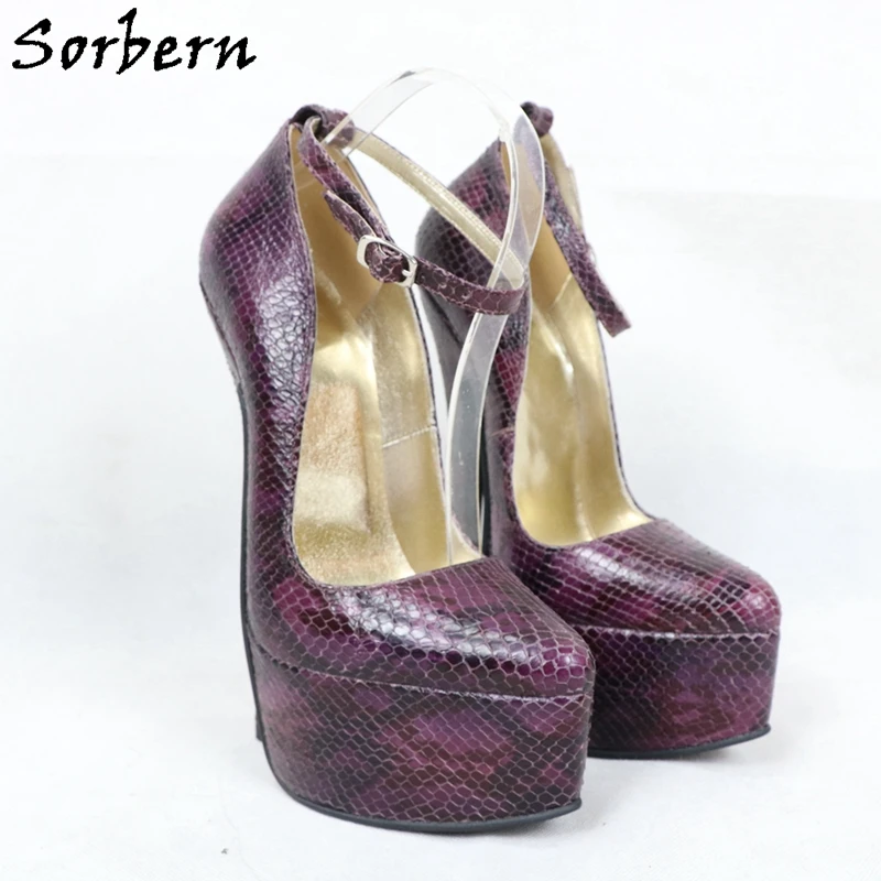 Sorbern Purple Snake Women Pumps Ankle Strap Pointed Toe Heels 20Cm Platform Genuine Leather Shoe Size 8 Party Shoes 2020 New