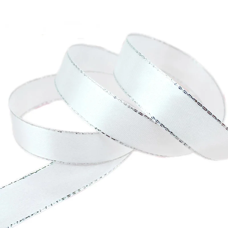 (25 yards/roll) White Silver Edge Satin Ribbon Wholesale Gift Christmas ribbons (6/10/20/25/40mm)