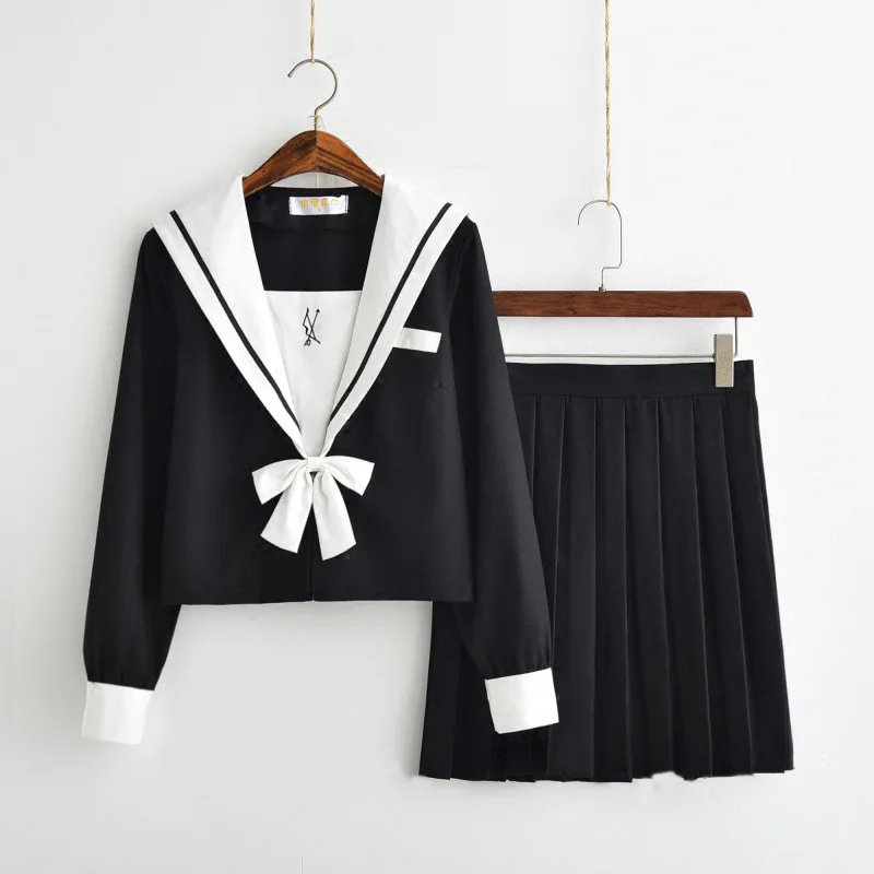 Schwarz Japanischen Schule Kleider Anime Cosplay College Nahen Hohe Schule Jk Uniform Mit Krawatte Plissee Rock Sailor Anzug für Mädchen