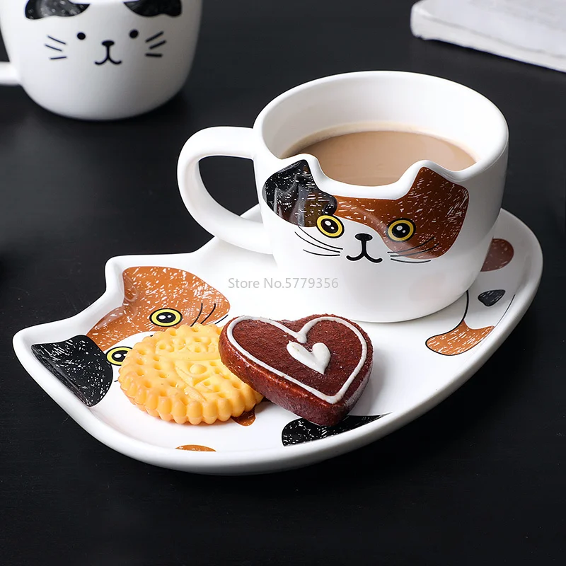 Cute Cat Ceramics Coffee Mug Set Handgrip Animal Mugs with Tray Creative Drinkware Coffee Tea Cups Novelty Milk Cup Breakfast