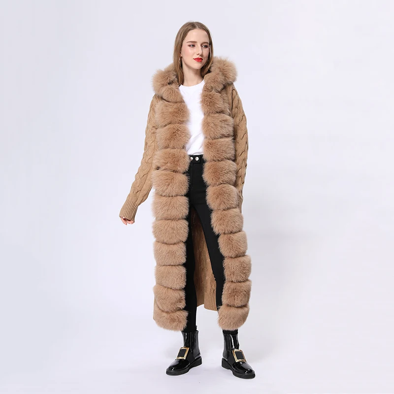 

Winter Women X-Long Casual Fashion Belted Thick Wool Hooded Knitted Sweater Cardigan With Real Fox Fur Trim MSJ-S-03