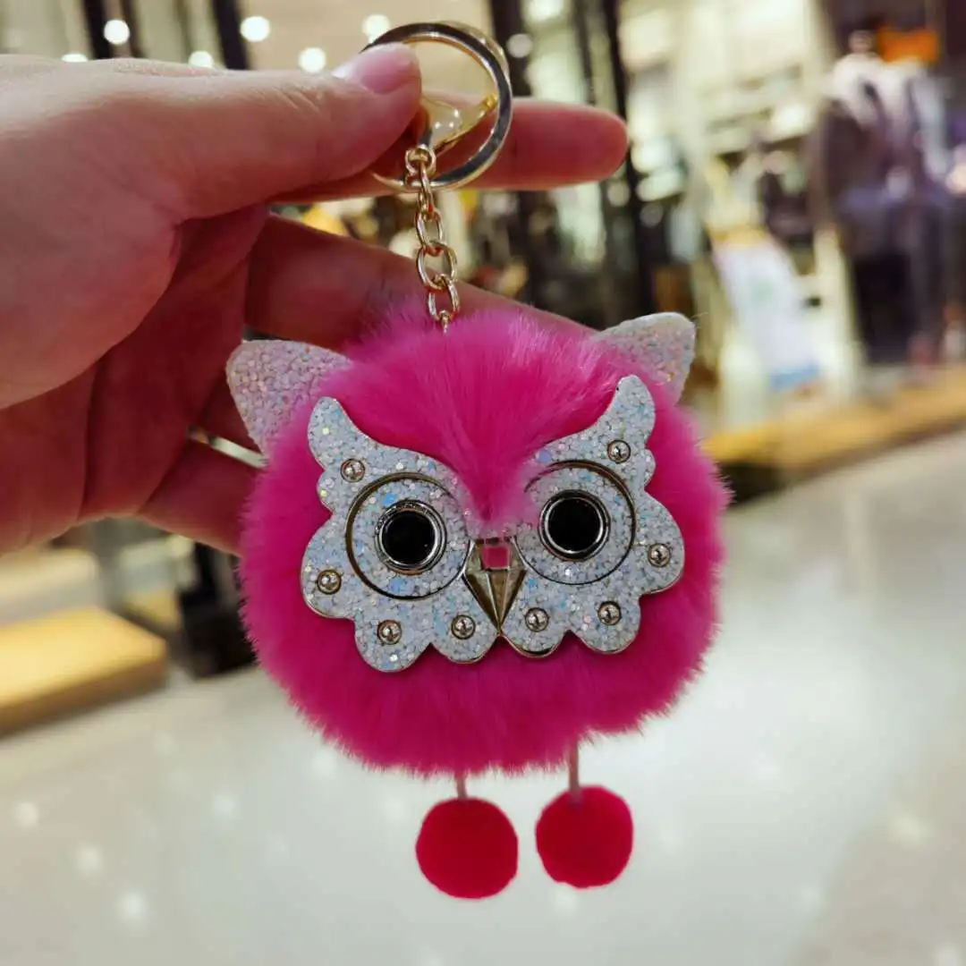 New creative hair ball key chain DIY glittering owl plush hanging, fashionable hair ball car key chain birthday gift