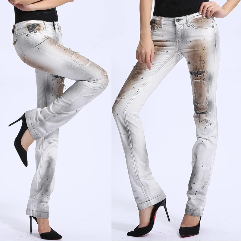 

Spring Fall Vintage Casual Women Printed Ripped Hole Embroidery Denim Trousers , 2021 Female Woman Stretch Beggar Jeans Pants