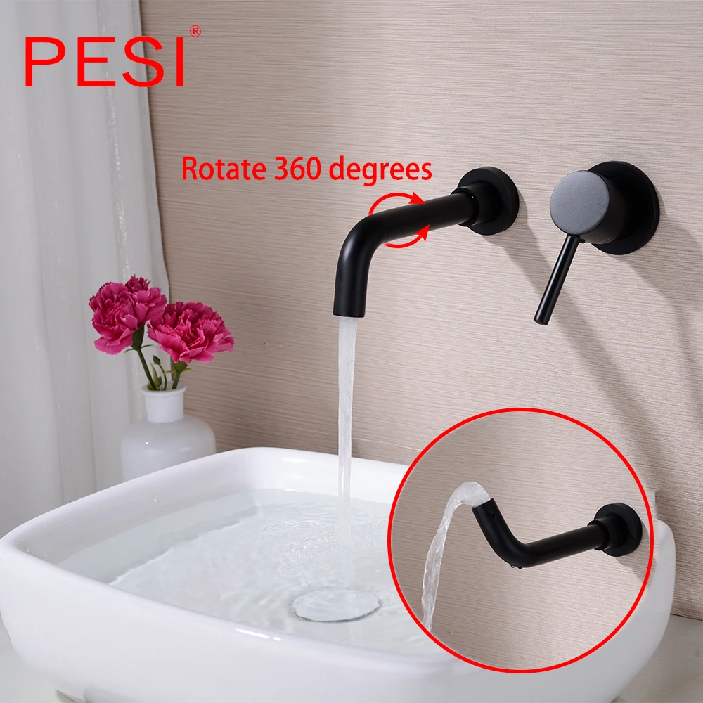 

All Brass Wall Sink Basin Mixer Tap Set Bathroom hot and cold Rotation Spout Faucet Matte Black/Brushed Gold.