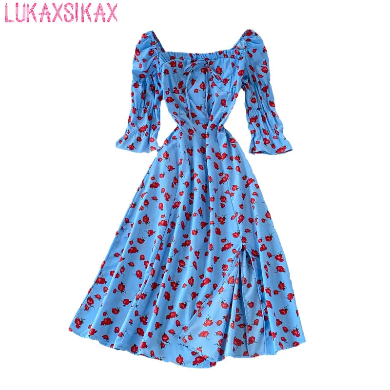 

LUKAXSIKAX New Spring Summer Women Square Collar Half Sleeve Slim Dress Elegant Split Hem Sweet Floral Vacation Dress