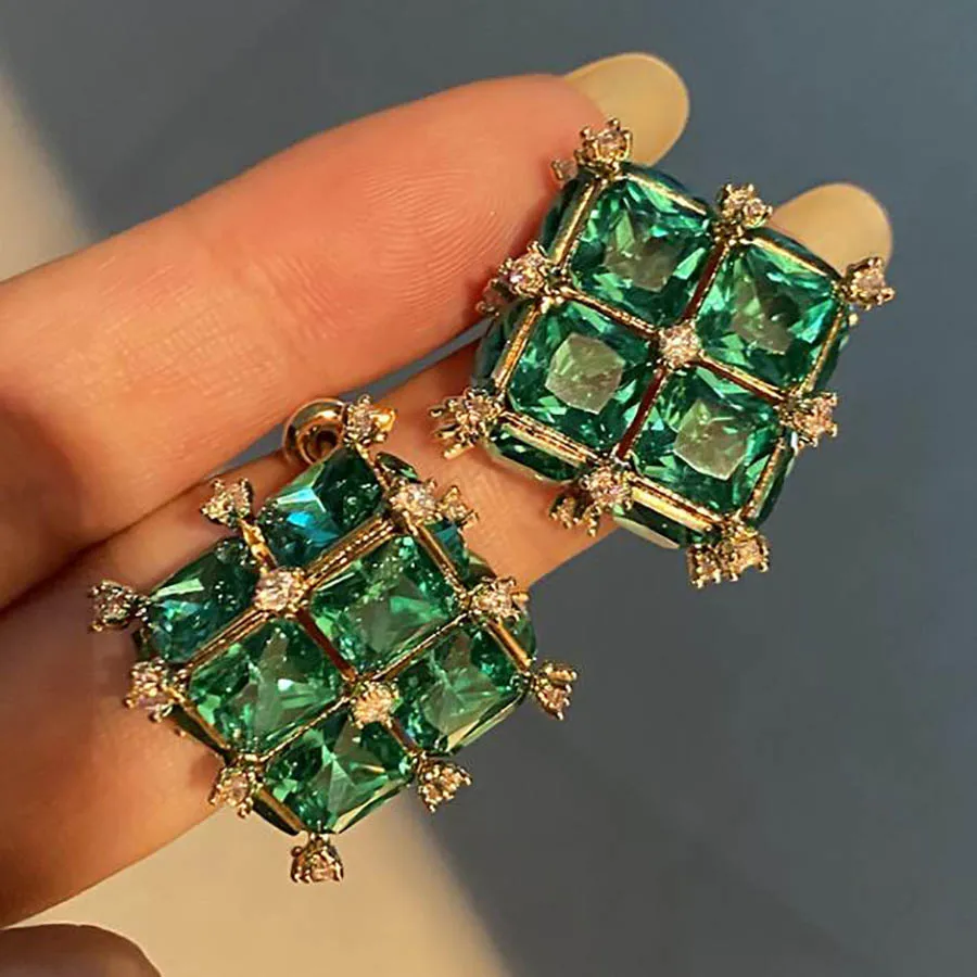 Square green rhinestone earrings translucent crystal retro court elegant women gift-box shape vintage stud earring