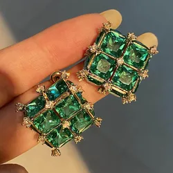 Square green rhinestone earrings translucent crystal retro court elegant women gift-box shape vintage stud earring