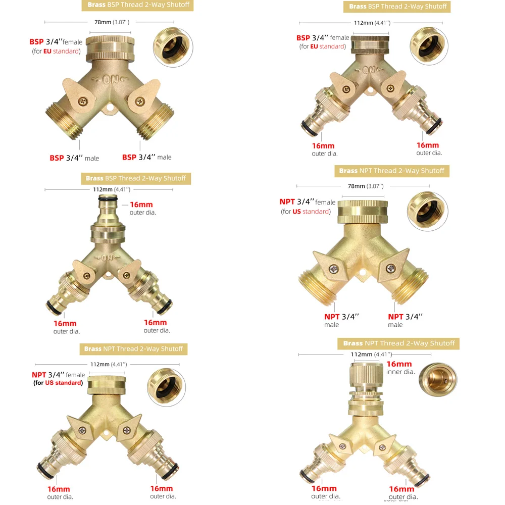 1PC 3/4'' 16mm Heavy Duty Brass Y Splitter BSP/NPT Dual Outlet Tap Connector 2 Way Adapter 2 Valves Garden Irrigation Joints