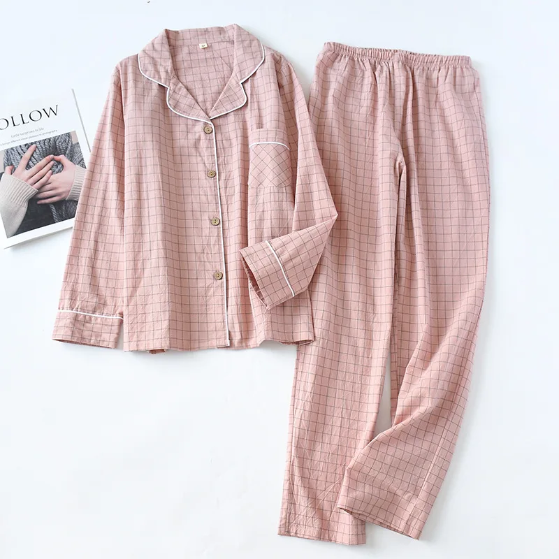 New Water-washing Cotton Long-sleeved Pants Pajamas for Women Loungewear Plaid Sleepwear Autumn Lapel Pure Cotton Home Clothes