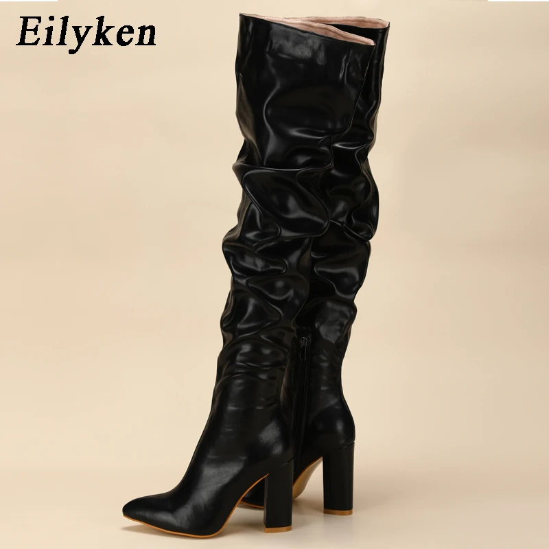 Eilyken Fashion White Pleated Women Over-the-Knee Boots Sexy Pointed Toe Square Heels Ladies Long Zipper Female Shoes