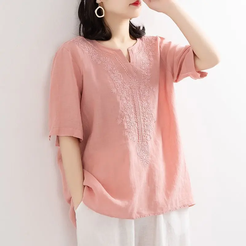 Ethnic Embroidery Blouse Women Cotton Linen Shirt Tunics Short Sleeve Casual Ladies Tops V Neck Basic Tee Elegant Solid Color