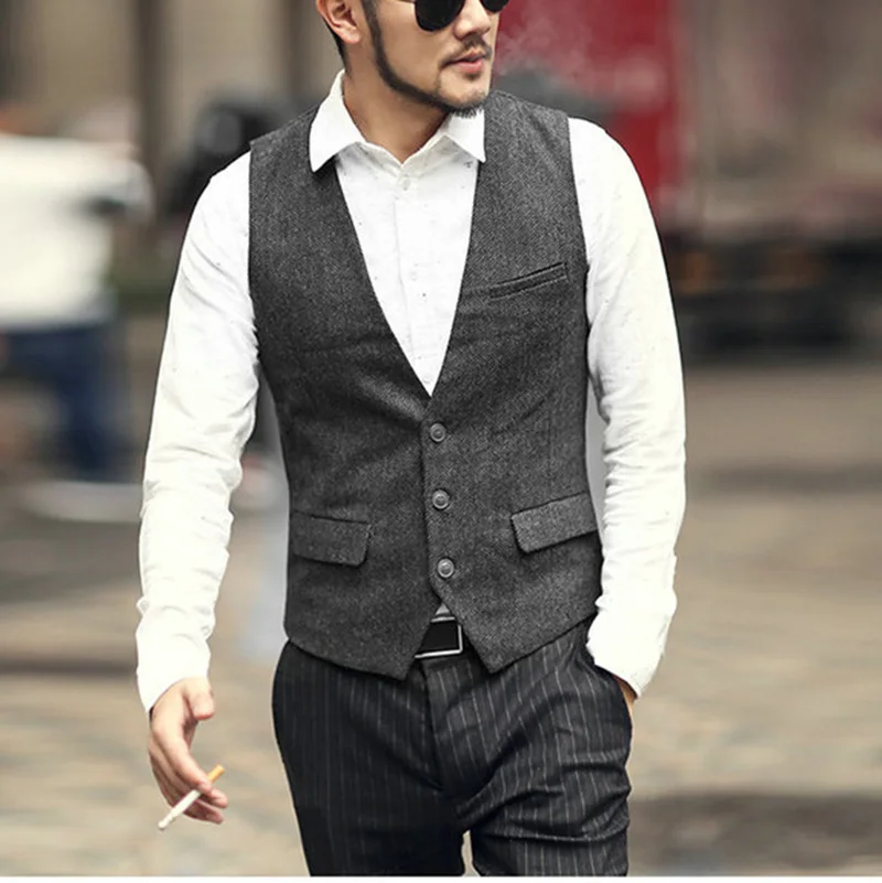 Men's Vest Army Green Slim Fit V Neck Casual Waistcoat Slim Fit Suit Vest Herringbone Tweed Wool Tuxedo Vest For Wedding