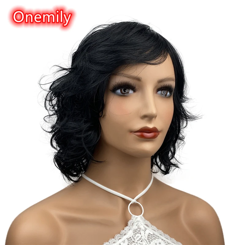 Onemily-Peluca de cabello sintético para mujer y niña, cabellera de onda corta ondulada, rizada, resistente al calor, con flequillo, fiesta de noche, color negro azabache