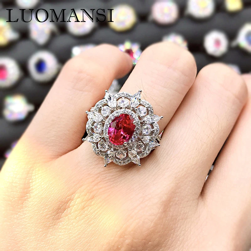 

Luomansi New Solid S925 Sterling Silver Red Corundum Gemstone Retro Ring Sparkling Jewelry Party Woman Gift