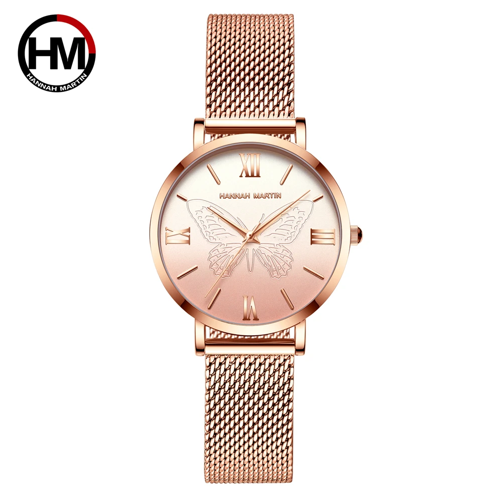 2021New Women\'s Watch Luxury 3D Butterfly Rose Gold Mesh Strap Japanese Movement Waterproof Quartz Women Wristwatch Montre Femme