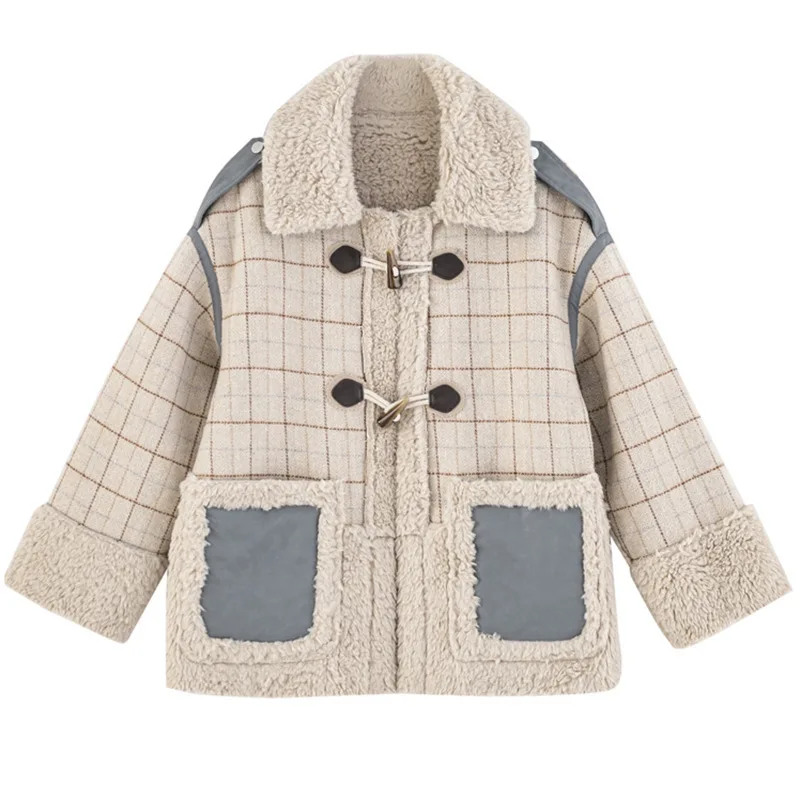 

Women's Winter Fashion New Horn Buckle Lamb Wool Warm Jacket Short Stitching Coat Thick Elegant Coat Female Gothic 2021 LK2218