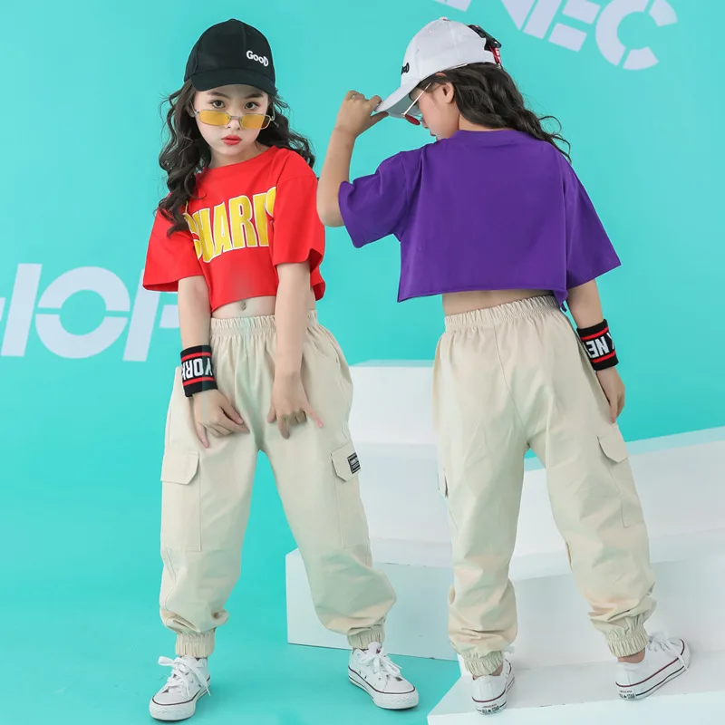 Children Ballroom Dancing Clothes Cool Hip Hop Clothing Loose Casual Pants Crop Top T Shirt for Girls Dance Costumes Dancewear