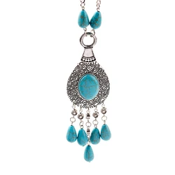 Ethnic Silver Color Leaf Boho Blue Stone Beads Necklaces Choker Pendants Tassel Statement Necklaces For Women Bijoux