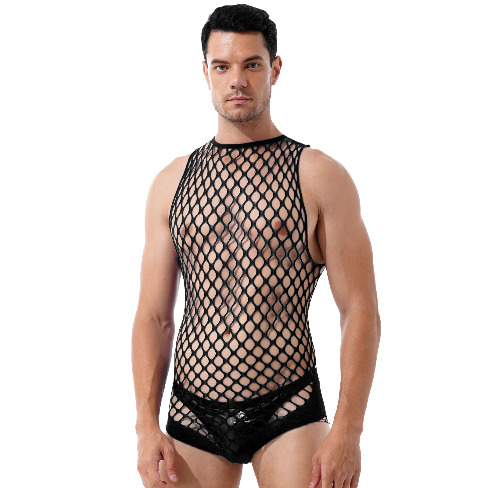 

Mens See-through Netted Lingerie Bodysuits One-piece Hollow Out Fishnet Bodystockings Halter Neck Sleeveless Stretchy Nightwear